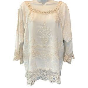 Spiaggia Dolce Ecru Embroidered Top Lace Embroidered Bell Sleeve Blouse Size M